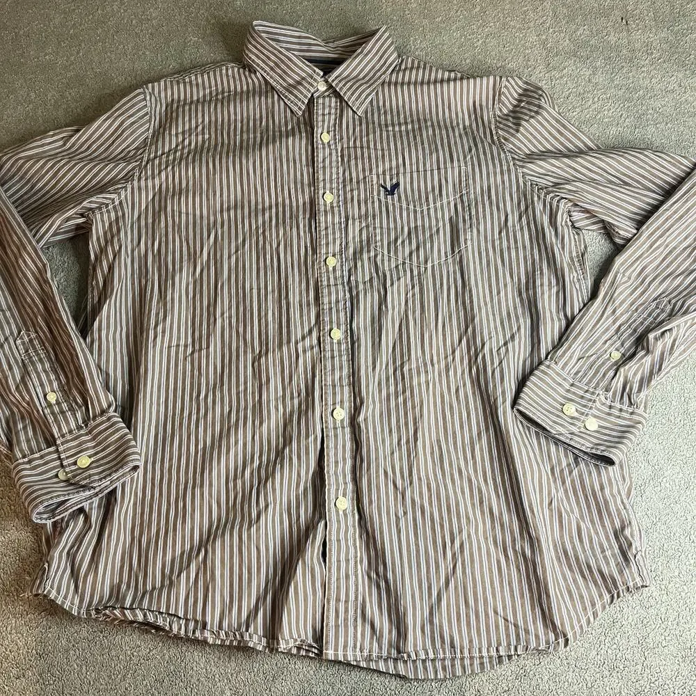 American Eagle Men's L Vintage Fit Striped Button Down Shirt Brown Tan Long SLV